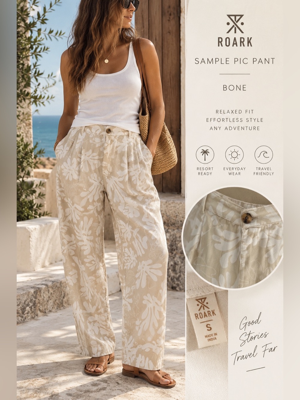Roark Sample Pic Pant Bone Printed Wide Leg Pants Size S NWT